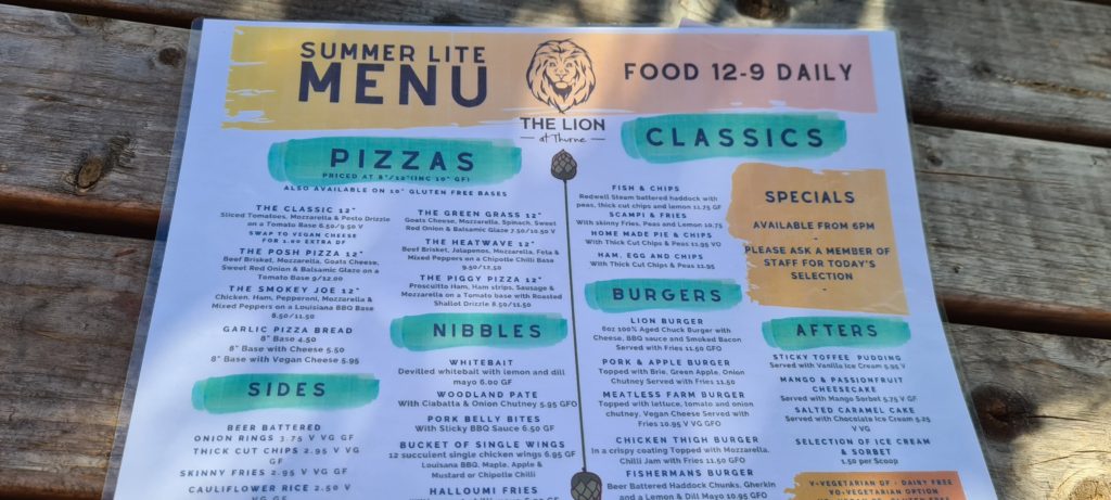 lion at thurn menu including pizza